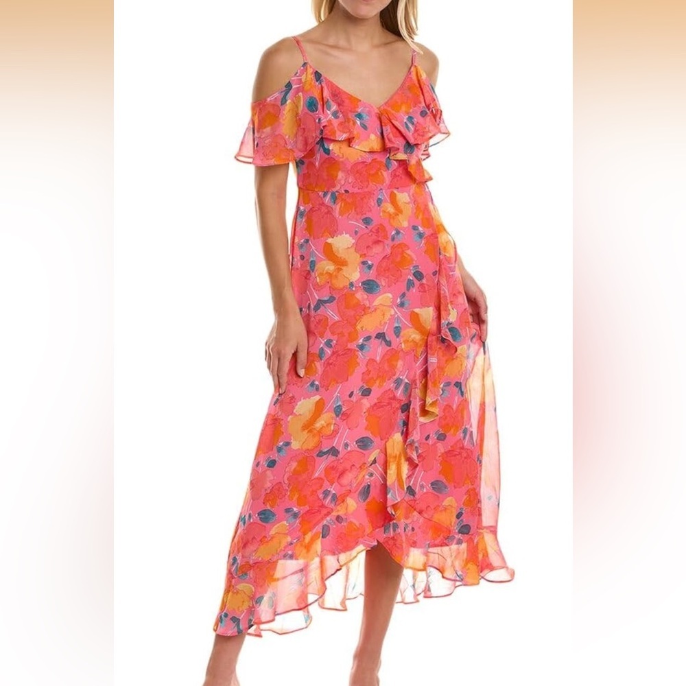 London Times Pink Orange Floral Cold Shoulder Faux Wrap Maxi Dress 18W NWT